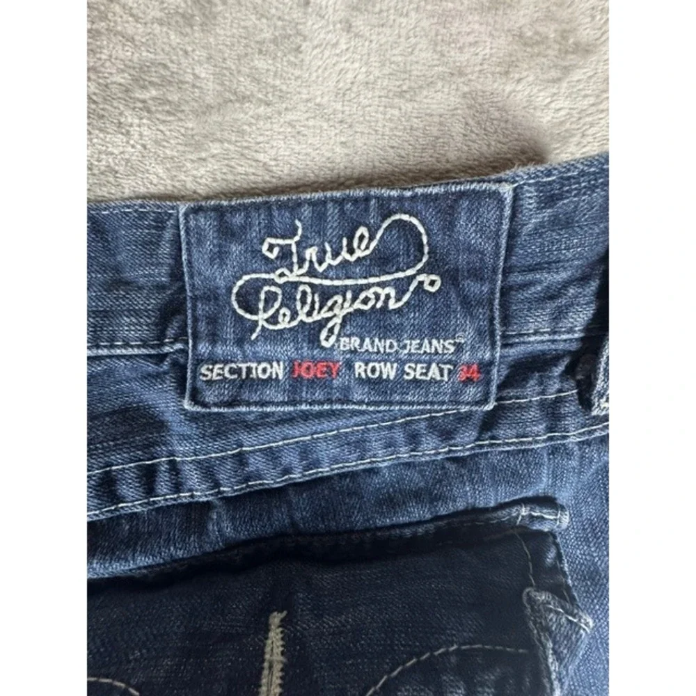 True Religion Jeans M 34 Joey Flare Dark Wash Horseshoe Flap Pocket Twisted Seam